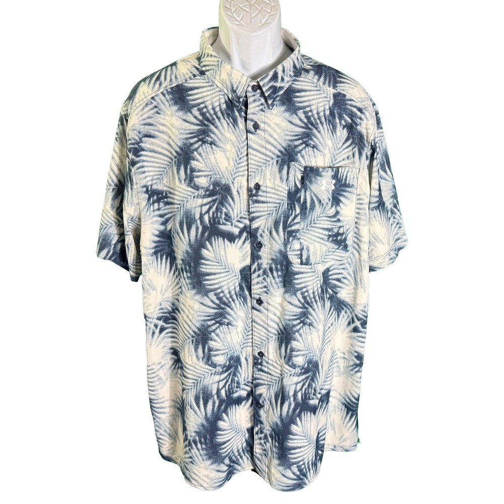 Under Armour Button Up Mens 2XL Blue White Palm Leaf Tropical Short Sleeve Shirt